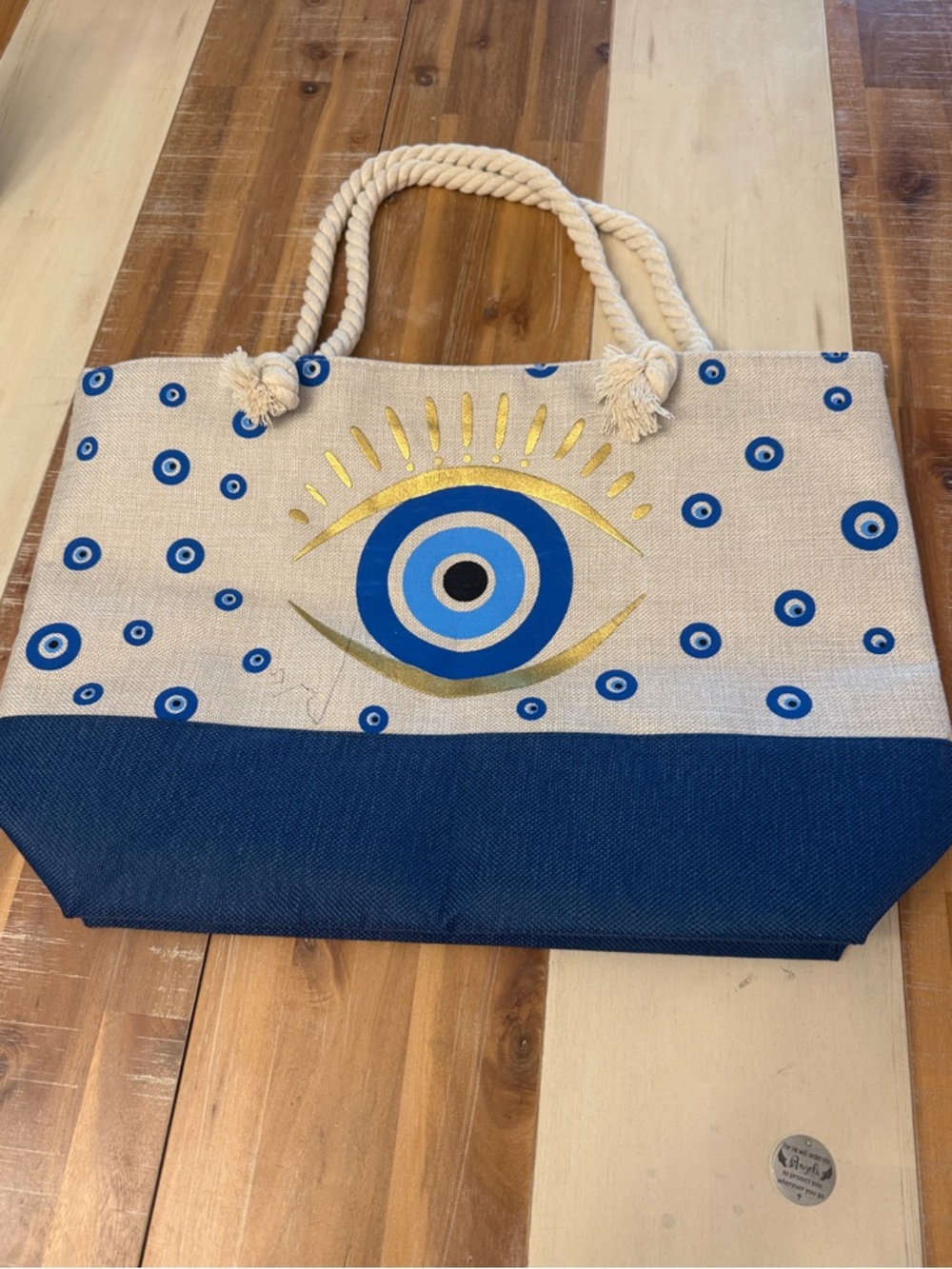 Canvas Evil Eye Tote Bag with Rope Handles - Blue & Natural